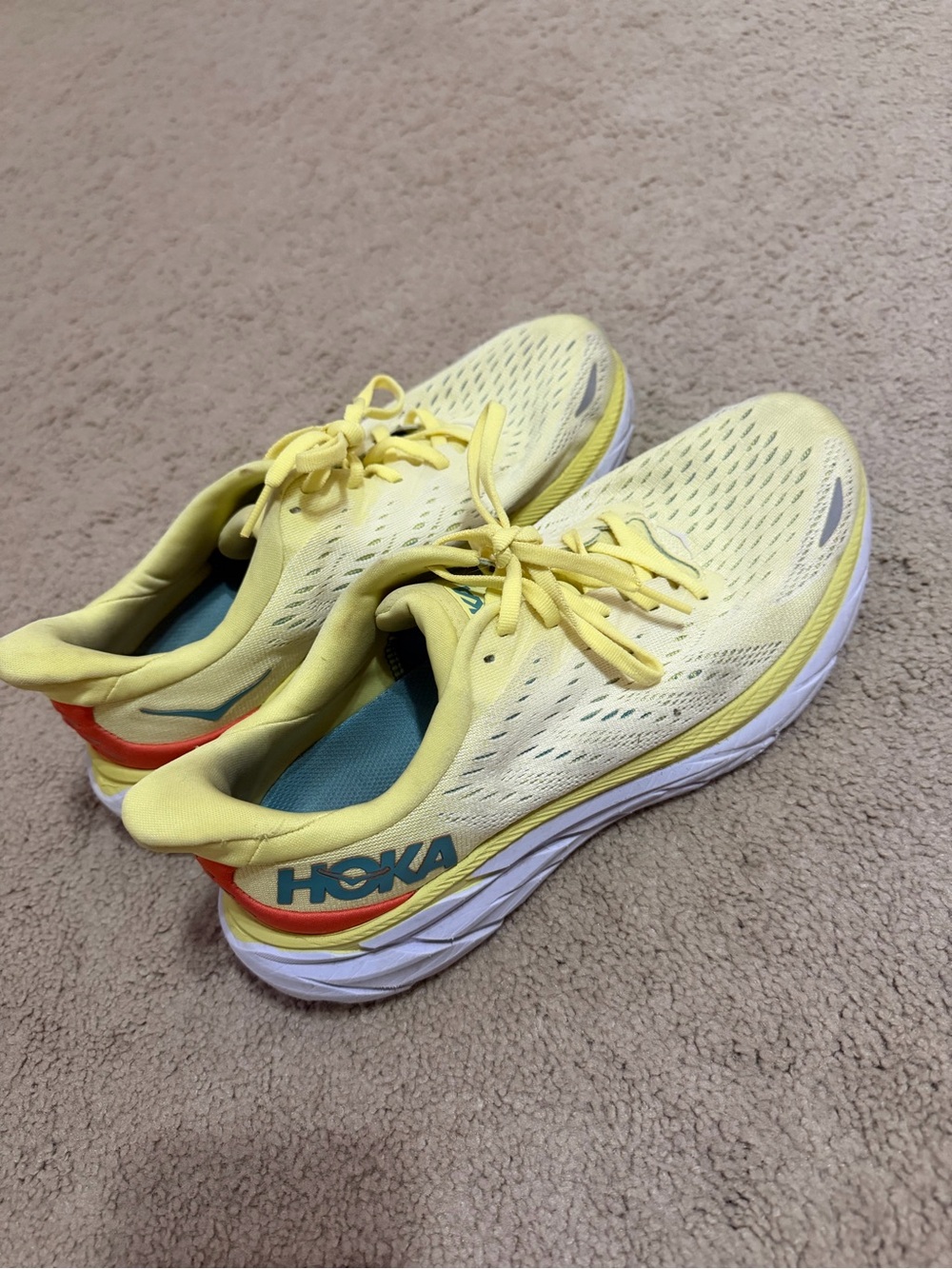 HOKA Women’s Yellow Athletic Running Shoes with Teal and Orange Accents